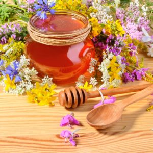 Honey on wooden table